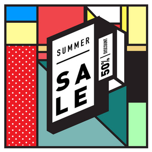 夏季销售孟菲斯风格网页横幅。以特殊优惠和促销为特色的彩色插画