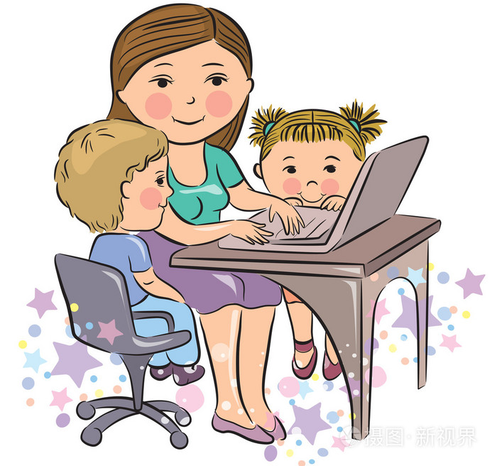 忙碌的母亲和孩子一起的工作插画-正版商用图片06320v-摄图新视界