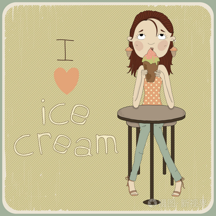 可爱的女孩坐在桌子前吃冰淇淋