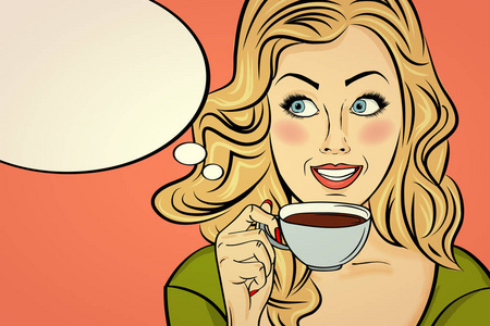 的金发流行艺术妇女与咖啡杯。广告海报的漫画风格。向量