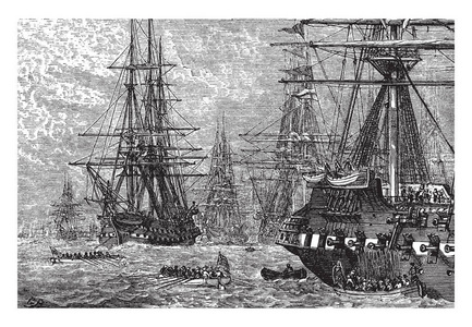 英国军队在他们的船在下海湾, 复古线条画或雕刻插图