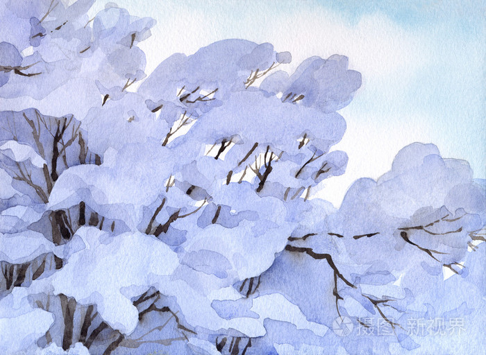 水彩背景白雪皑皑的冬天树分支