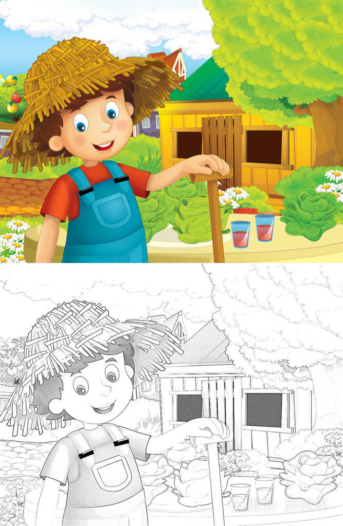 动画片场景与年轻农民在农场工作-着色页-例证儿童