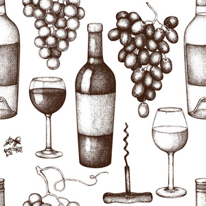 葡萄酒的背景。装饰插图与葡萄酒玻璃, 葡萄, 瓶子。手绘酒精饮料的设计。无缝模式