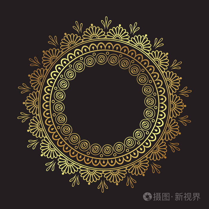 装饰印度圆形花边华丽的金色曼荼罗孤立黑色背景艺术框架设计矢量插图