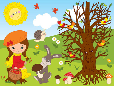 矢量集, 可爱的小女孩, 森林动物, 鸟类和植物