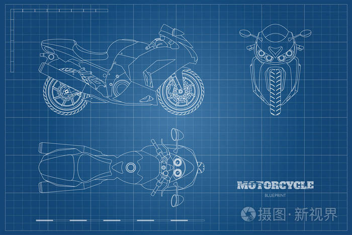 插画 摩托车轮廓图.侧面, 顶部和前视图.蓝色背景下摩托车详细蓝图.