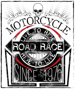 摩托车赛车排版图形和海报。头骨和老