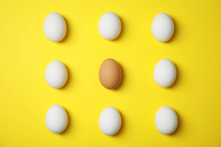 原始鸡蛋在颜色背景, 顶部视图