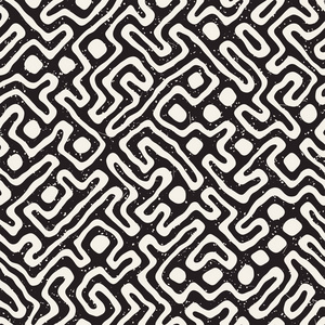 矢量无缝黑白圆形不规则迷宫图案。抽象手绘几何背景