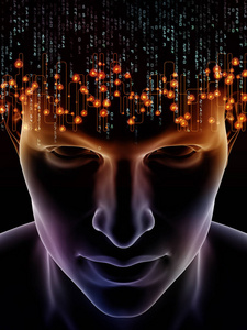 心波系列。在意识大脑智力和人工智能等项目上使用的人类头部3d 插图和技术符号的抽象背景