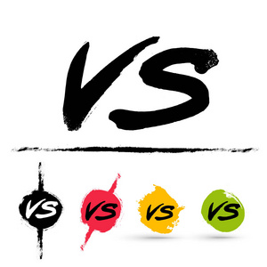 竞争 vs 集的符号.与文本画笔绘画信件.写意画.矢量图.