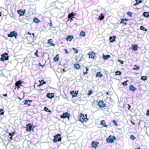 抽象水彩和数字手绘混合无缝花纹精致的樱桃花