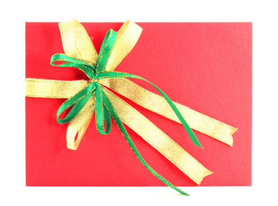在白色背景上的绿色和黄色蝴蝶结红色礼品卡