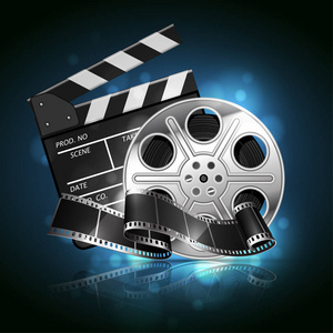 电影业的例证.卷轴, 胶片和场记板在反光表面上的背景与亮点.