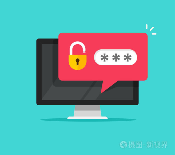 台式计算机与开锁的密码泡影通知平的卡通电脑屏幕以开放锁和密码领域