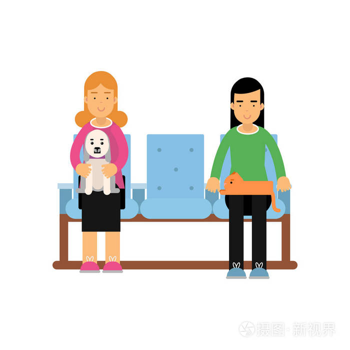 妇女坐在等候大厅与他们的宠物和期待访问医生, 彩色卡通矢量插图
