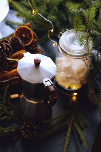 杯热可可与漂亮的圣诞装饰品迷你棉花糖