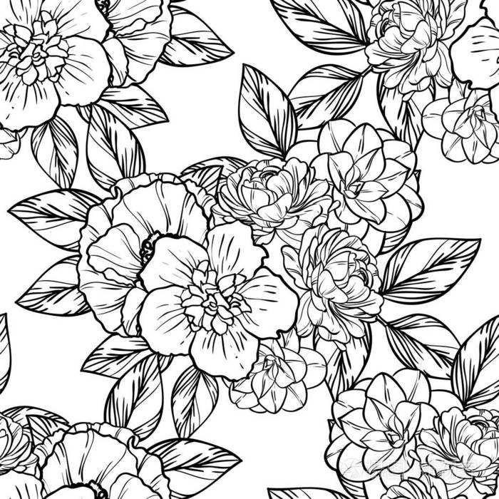 无缝复古风格的花卉图案.黑白相间的花元素