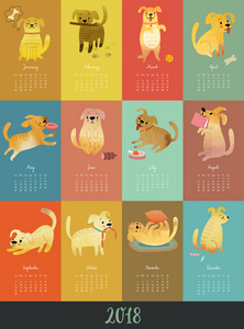 日历2018。可爱的月日历与水彩狗
