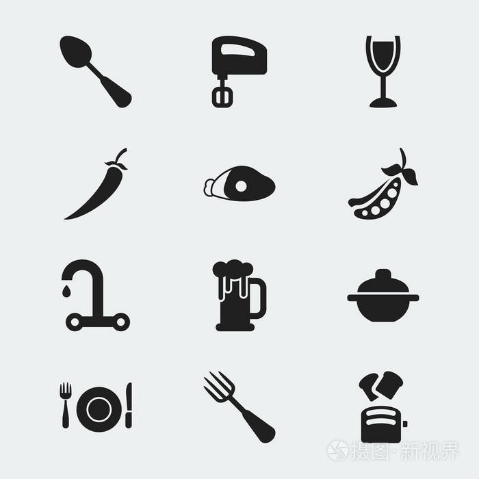设置12个可编辑的烹饪图标。包括混合器, 汤壶, 叉子等符号。可用于 web移动Ui 和图表设计