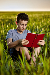 十几岁的男孩在日落时读一本书