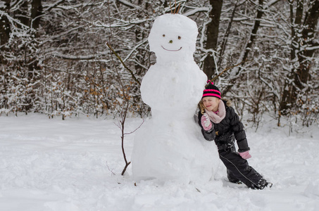 小孩子摆着巨大的雪人