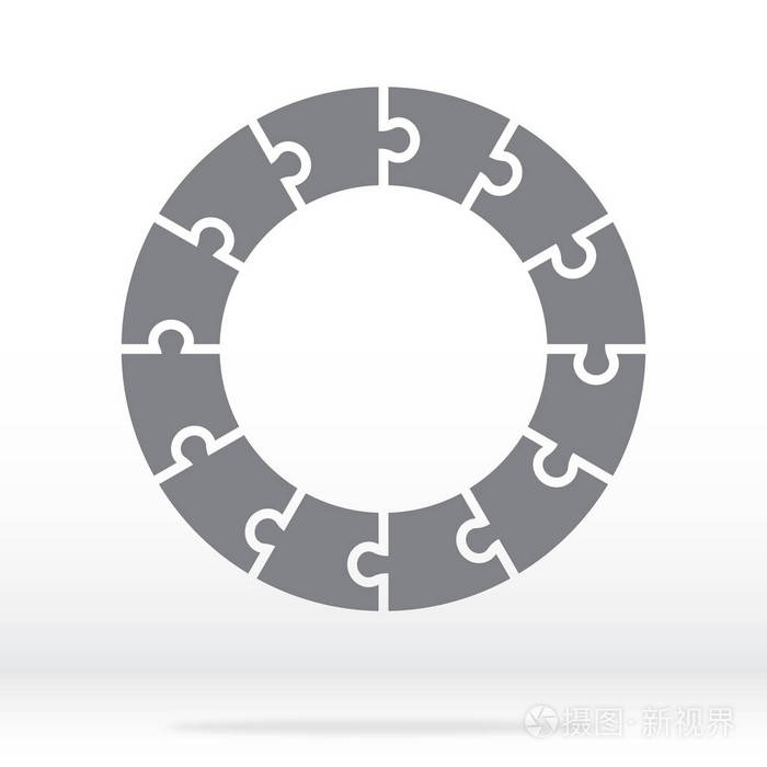 简单的图标圆圈拼图在灰色。十二元素的简单图标圆拼图