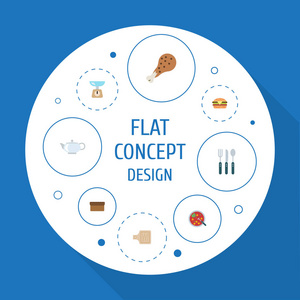 平面图标肉汤, 面包, 油炸家禽和其他矢量元素。一套食品平面图标符号也包括汤, 腿, 汤对象
