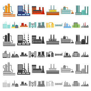 工厂和设施卡通图标集的设计。工厂和设备矢量符号库存 web 插图
