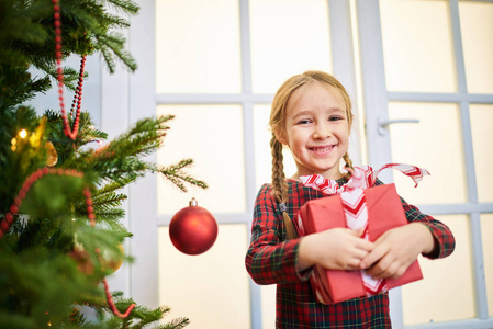 穿着格子裙的可爱的小女孩的腰画像在手持圣诞礼物的同时, 带着露的微笑看着相机