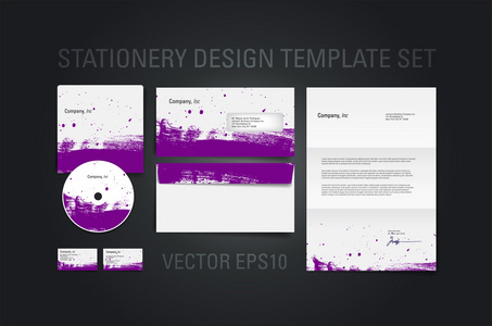 紫色矢量信纸设计模板设置与手绘笔刷笔触纹理