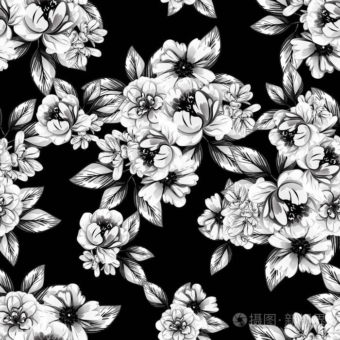 无缝复古风格的花卉图案.黑白相间的花元素