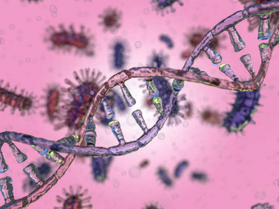 科学背景与细菌, 病毒, 微生物3d 渲染