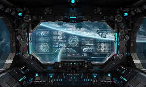 暗太空飞船内部空间与控制面板数字屏幕3d 渲染
