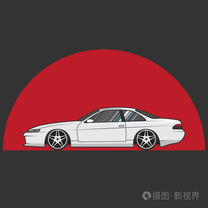 日本调车在红色太阳背景.汽车草图侧面视图