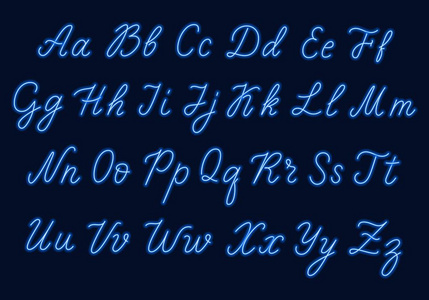 蓝色霓虹灯剧本。大写和小写字母