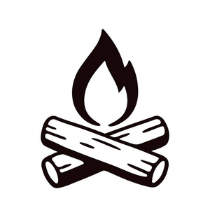 篝火手绘向量例证, 复古风格的标志。交叉的日志和动画片火焰火焰