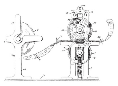 此插图表示用于票务打印复古线条绘制或雕刻插图的机器
