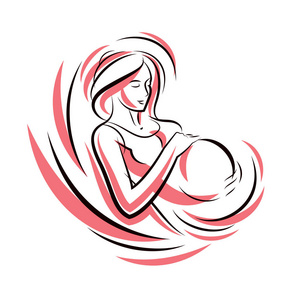孕妇优雅的身体轮廓被心形框架包围。矢量插图准抚她的肚子。快乐和爱抚的概念