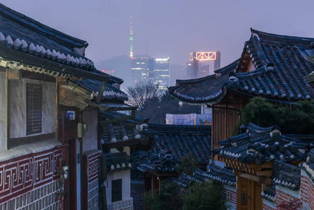 Bukchon 韩屋友村在首尔的夜晚, 韩国