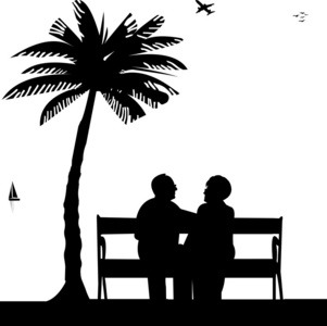 可爱的退休老年夫妇坐在长凳上海滩上