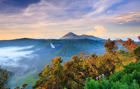 在日出，腾格里莫国家公园，东爪哇，印度尼西亚的婆罗摩火山