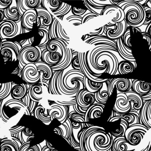 无缝模式与树和分支黑色和白色抽象模式与鸟