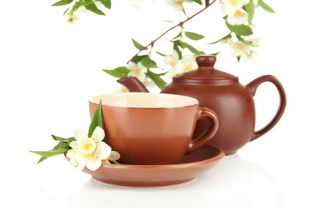 喝杯茶与茉莉花，白色上孤立