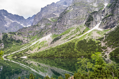 山湖的风景, Morskie 开元在扎科帕附近, Tatra 山看法在范围在天空背景, 喀尔巴阡山, 波兰