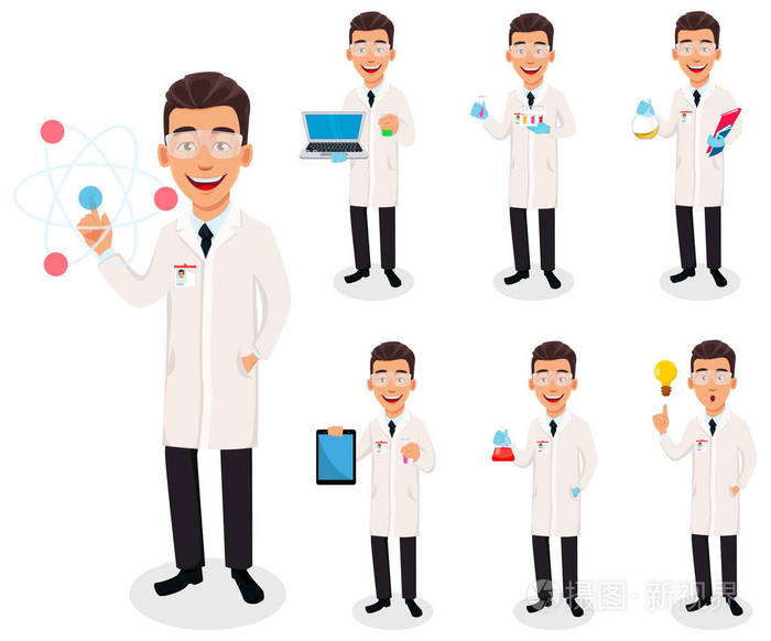 科学家的人.英俊的卡通人物, 一套七体式.背景白色向量例证