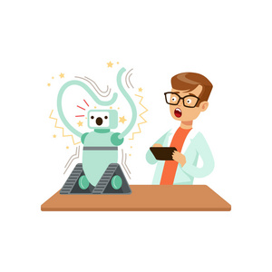 小学生做男孩一个失败的实验与机器人, 小学生做科学研究矢量插图照片