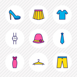 插图9礼服图标有色线。可编辑的领带, 裙子, t恤和其他图标元素集