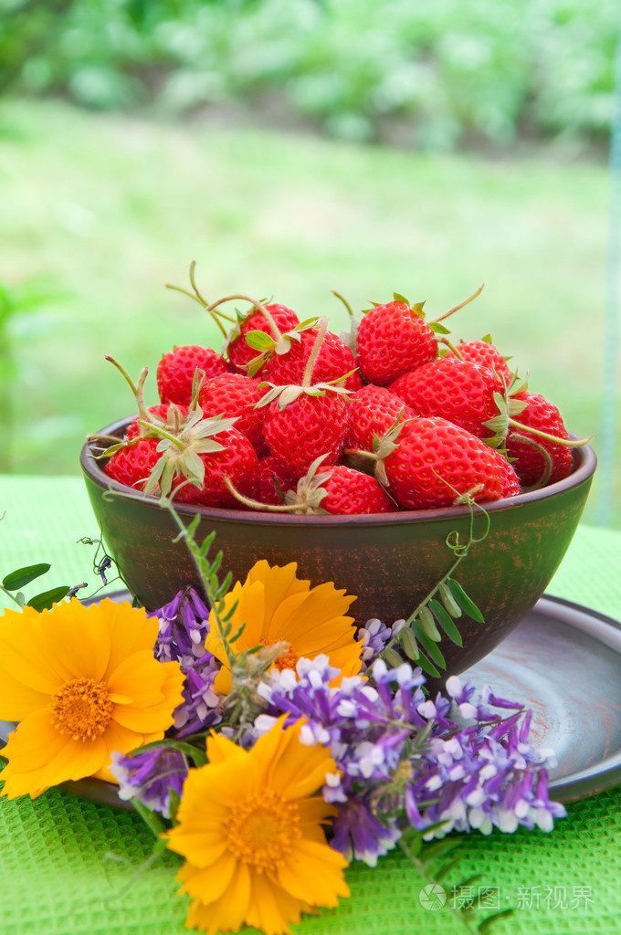 上一个碗在夏天花园里的草莓